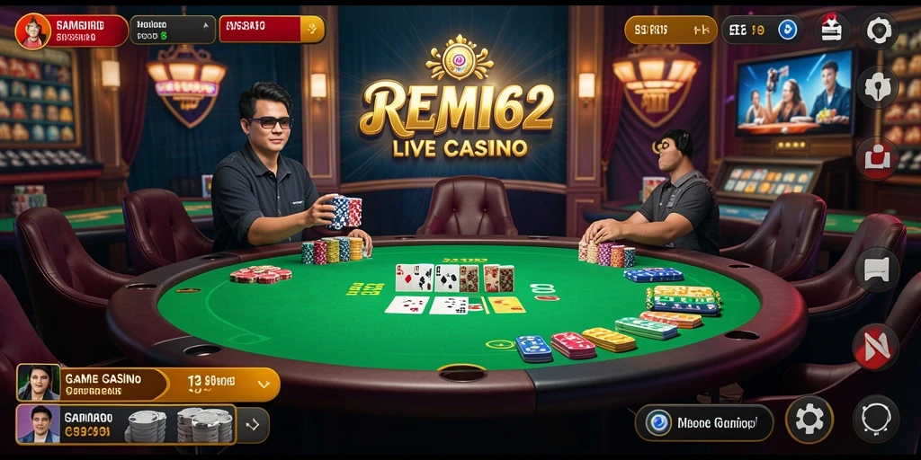 Screenshot gameplay REMI62 menampilkan dealer langsung yang berinteraksi dengan pemain.