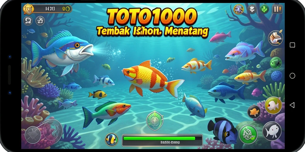 Tampilan gameplay TOTO1000 dengan ikan dan senjata yang beragam.